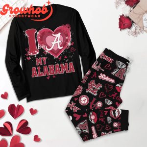 Alabama Crimson Tide I Love Valentine Black Fleece Pajamas Set Long Sleeve