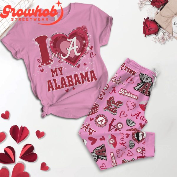 Alabama Crimson Tide I Love Valentine Pink Fleece Pajamas Set