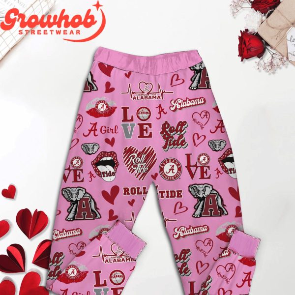 Alabama Crimson Tide I Love Valentine Pink Fleece Pajamas Set Long Sleeve