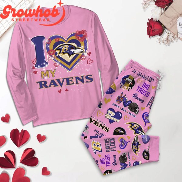 Baltimore Ravens I Love Valentine Pink Fleece Pajamas Set Long Sleeve