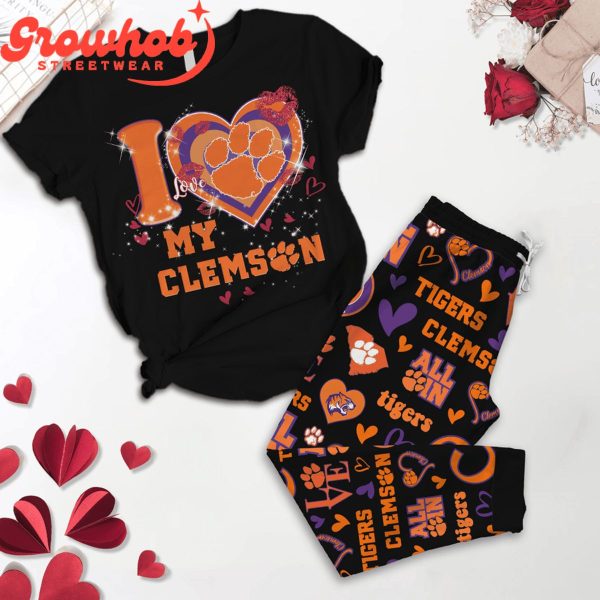 Clemson Tigers I Love Valentine Black Fleece Pajamas Set