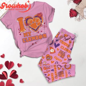 Clemson Tigers I Love Valentine Pink Fleece Pajamas Set