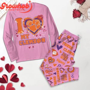 Clemson Tigers I Love Valentine Pink Fleece Pajamas Set Long Sleeve