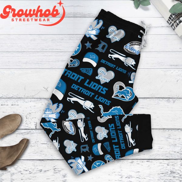 Detroit Lions I Love Coffee Black Fleece Pajamas Set