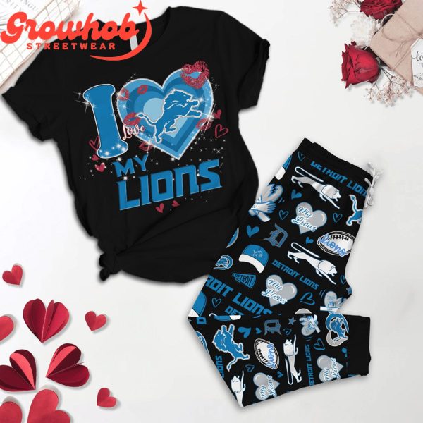 Detroit Lions I Love Valentine Black Fleece Pajamas Set