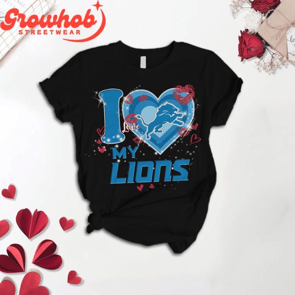 Detroit Lions I Love Valentine Black Fleece Pajamas Set