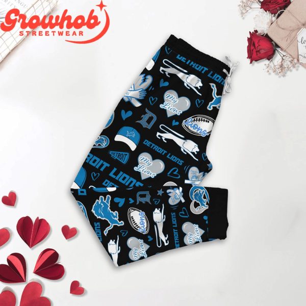 Detroit Lions I Love Valentine Black Fleece Pajamas Set