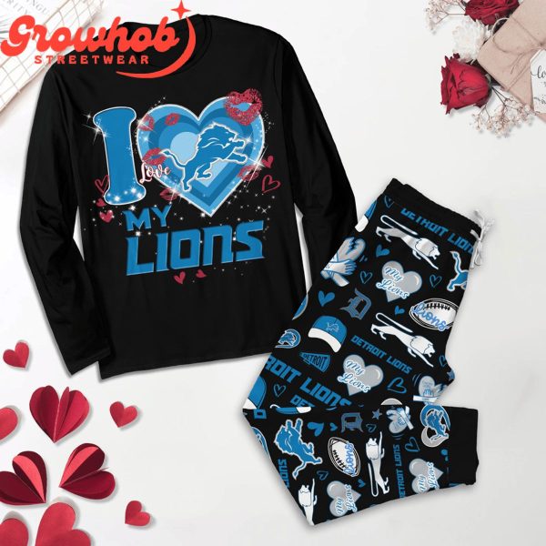 Detroit Lions I Love Valentine Black Fleece Pajamas Set Long Sleeve