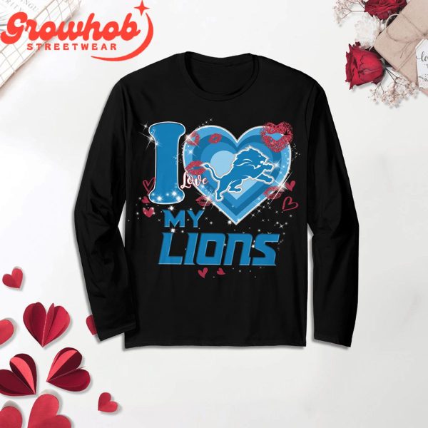 Detroit Lions I Love Valentine Black Fleece Pajamas Set Long Sleeve