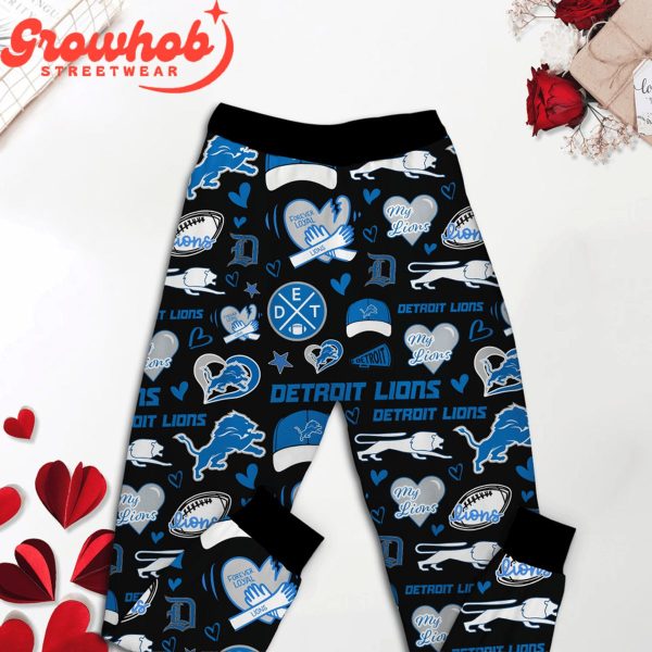 Detroit Lions I Love Valentine Black Fleece Pajamas Set Long Sleeve