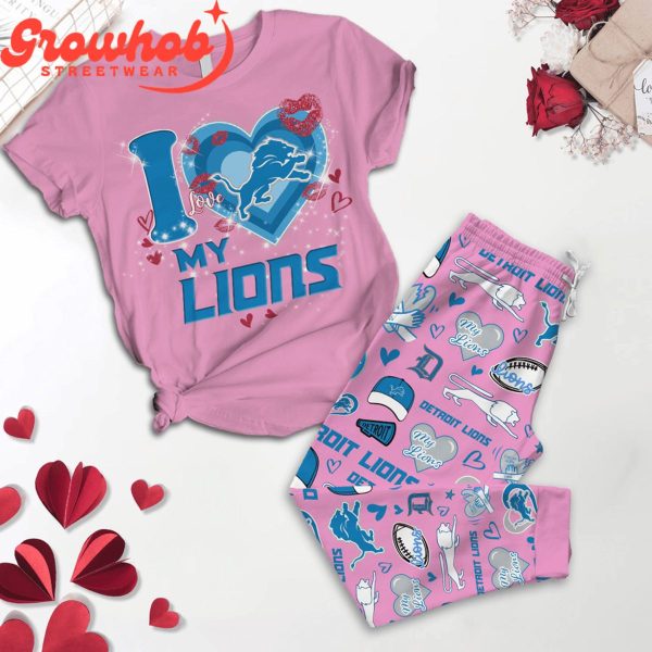 Detroit Lions I Love Valentine Pink Fleece Pajamas Set