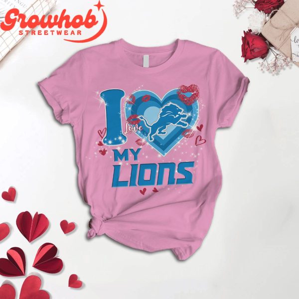 Detroit Lions I Love Valentine Pink Fleece Pajamas Set