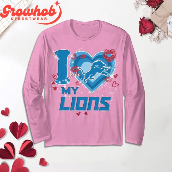 Detroit Lions I Love Valentine Pink Fleece Pajamas Set Long Sleeve