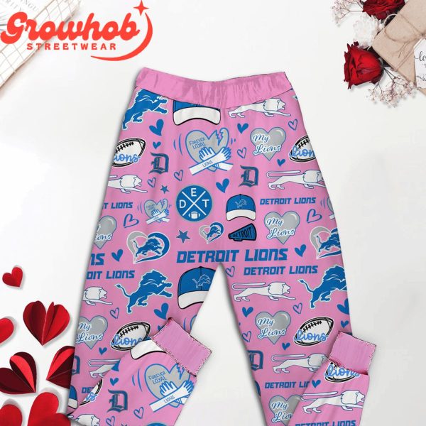 Detroit Lions I Love Valentine Pink Fleece Pajamas Set Long Sleeve