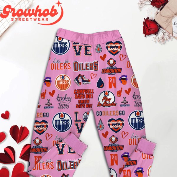 Edmonton Oilers I Love Valentine Pink Fleece Pajamas Set Long Sleeve