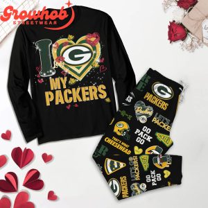 Green Bay Packers Love Valentines Fleece Pajamas Set Long Sleeve Black