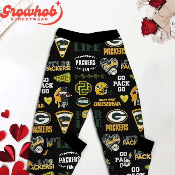 Green Bay Packers Love Valentines Fleece Pajamas Set Long Sleeve Black
