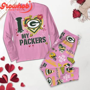 Green Bay Packers Love Valentines Fleece Pajamas Set Long Sleeve Pink