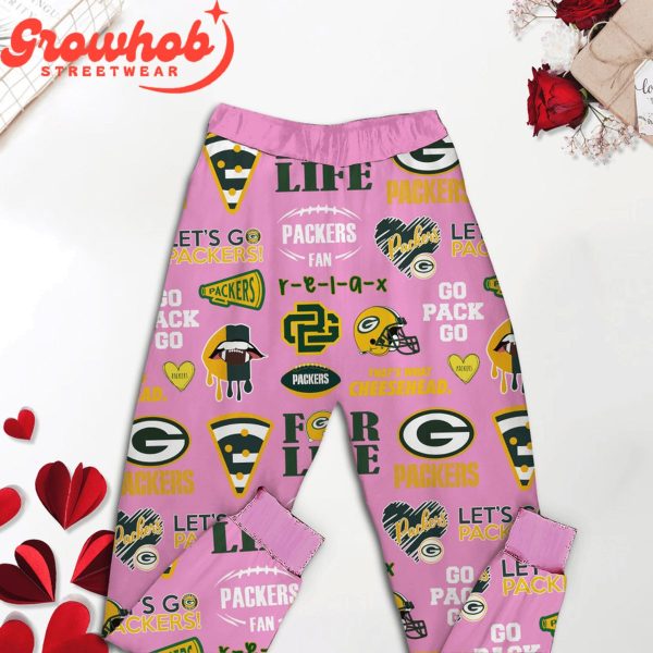 Green Bay Packers Love Valentines Fleece Pajamas Set Long Sleeve Pink