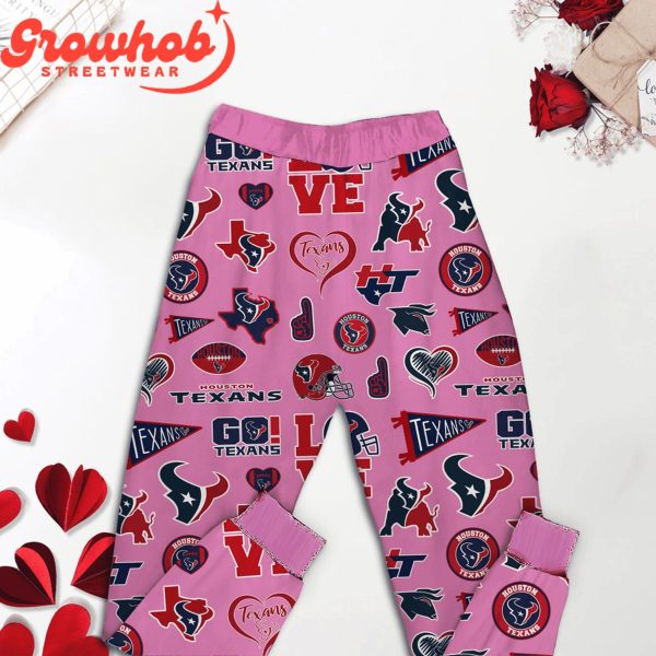 Houston Texans Love Valentines Fleece Pajamas Set Long Sleeve Pink
