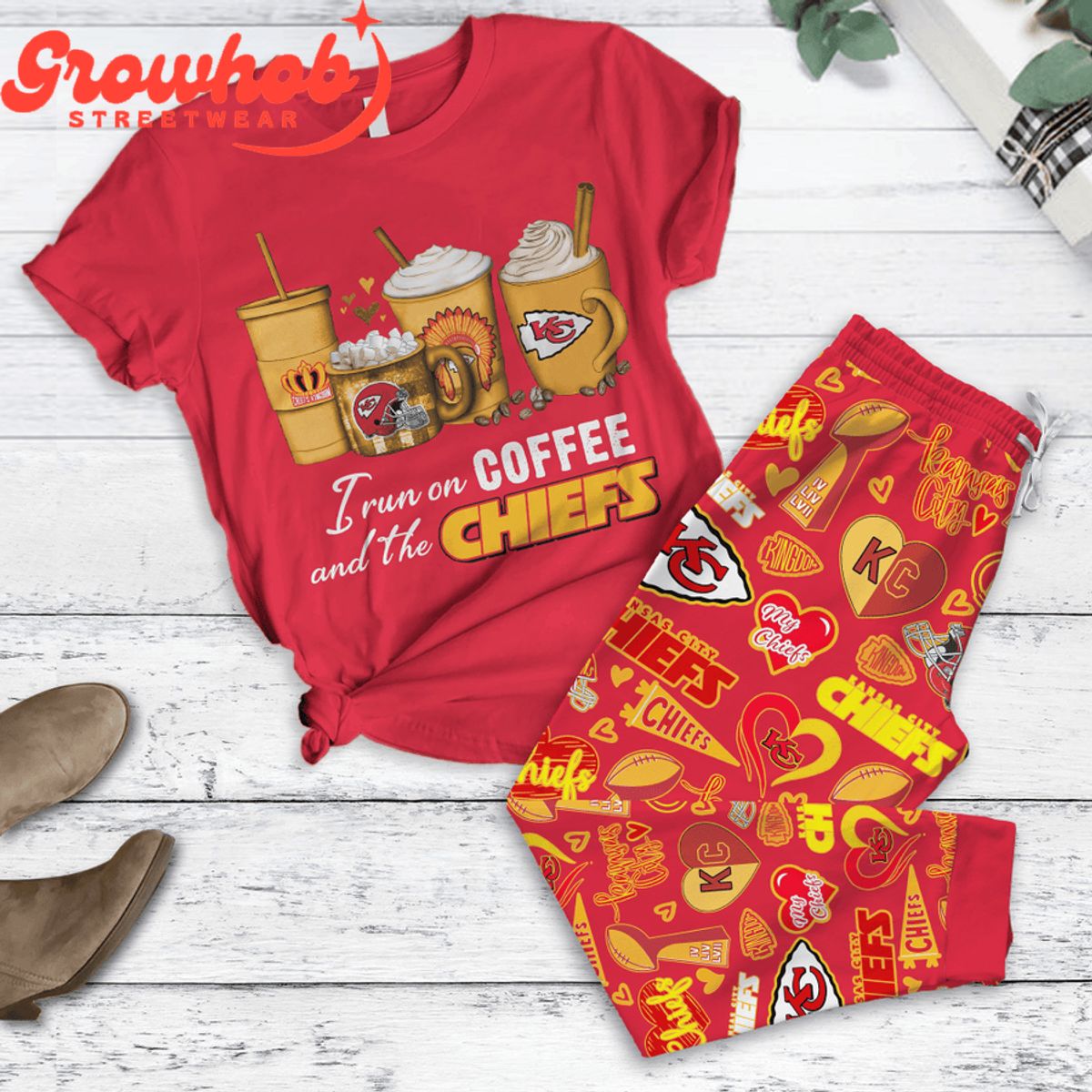 Kansas City Chiefs I Love Coffee Red Fleece Pajamas Set