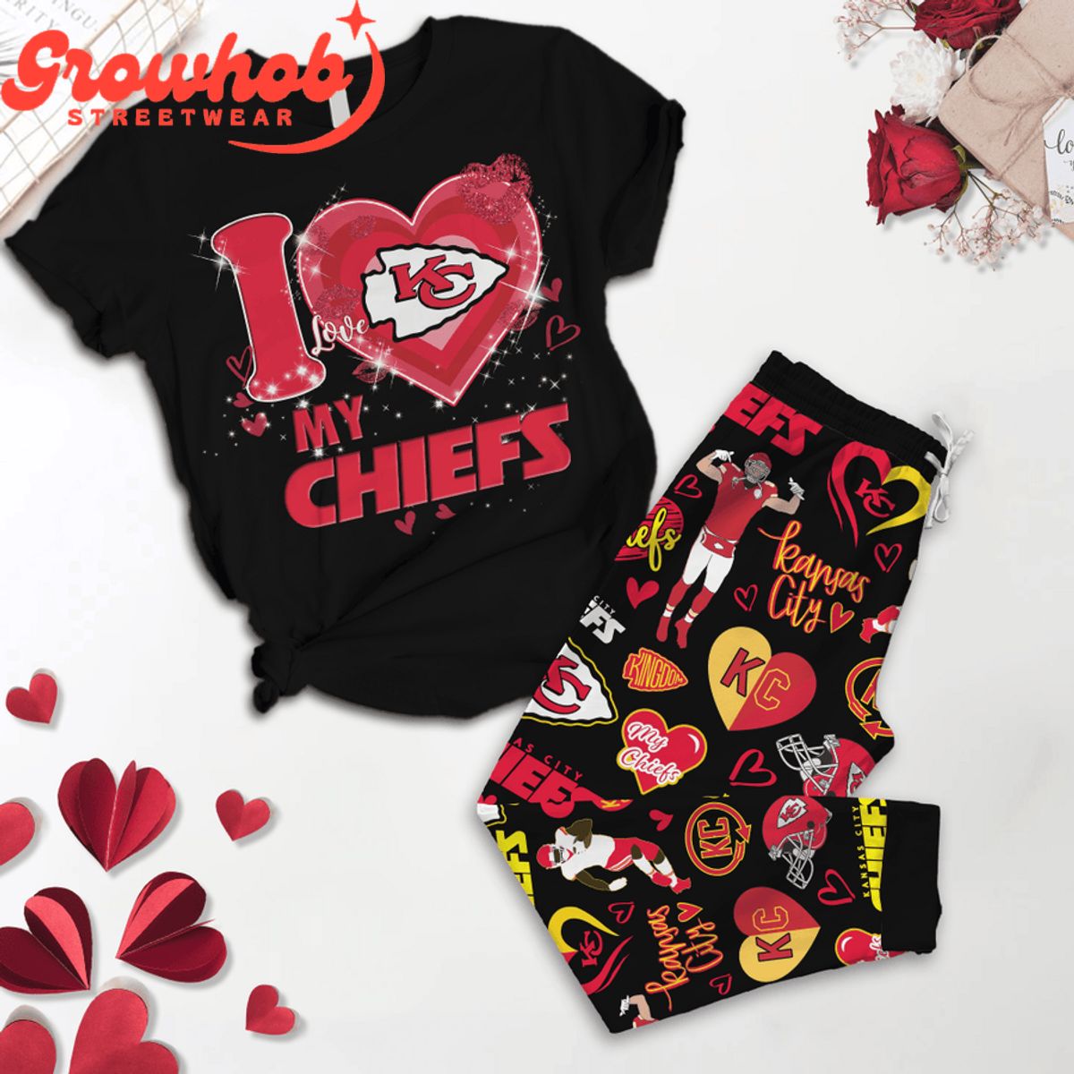 Kansas City Chiefs I Love Valentine Black Fleece Pajamas Set