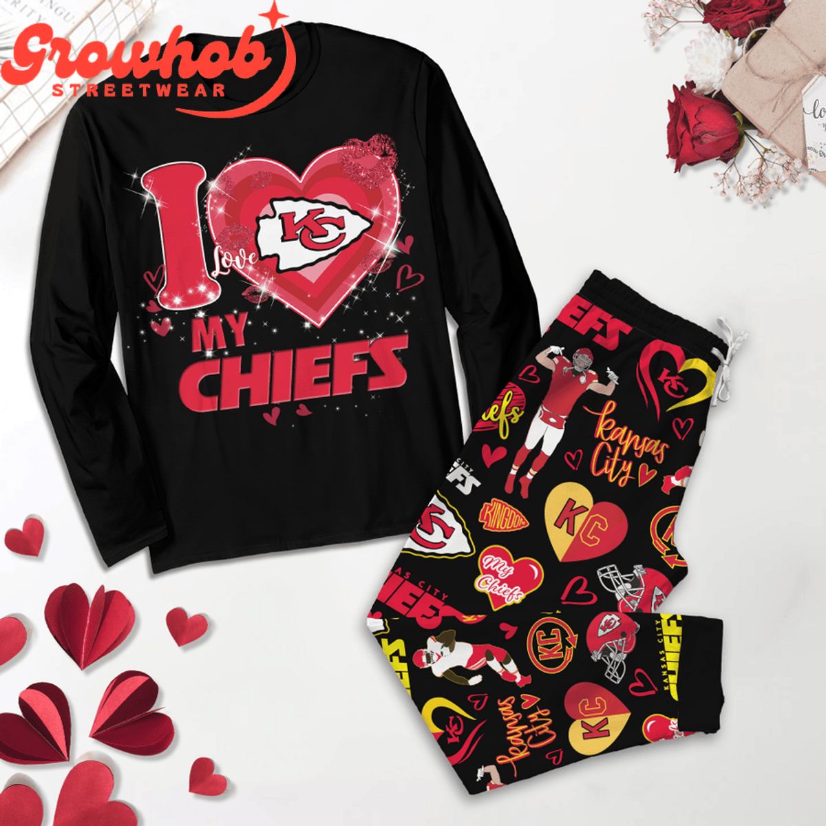 Kansas City Chiefs I Love Valentine Black Fleece Pajamas Set Long Sleeve