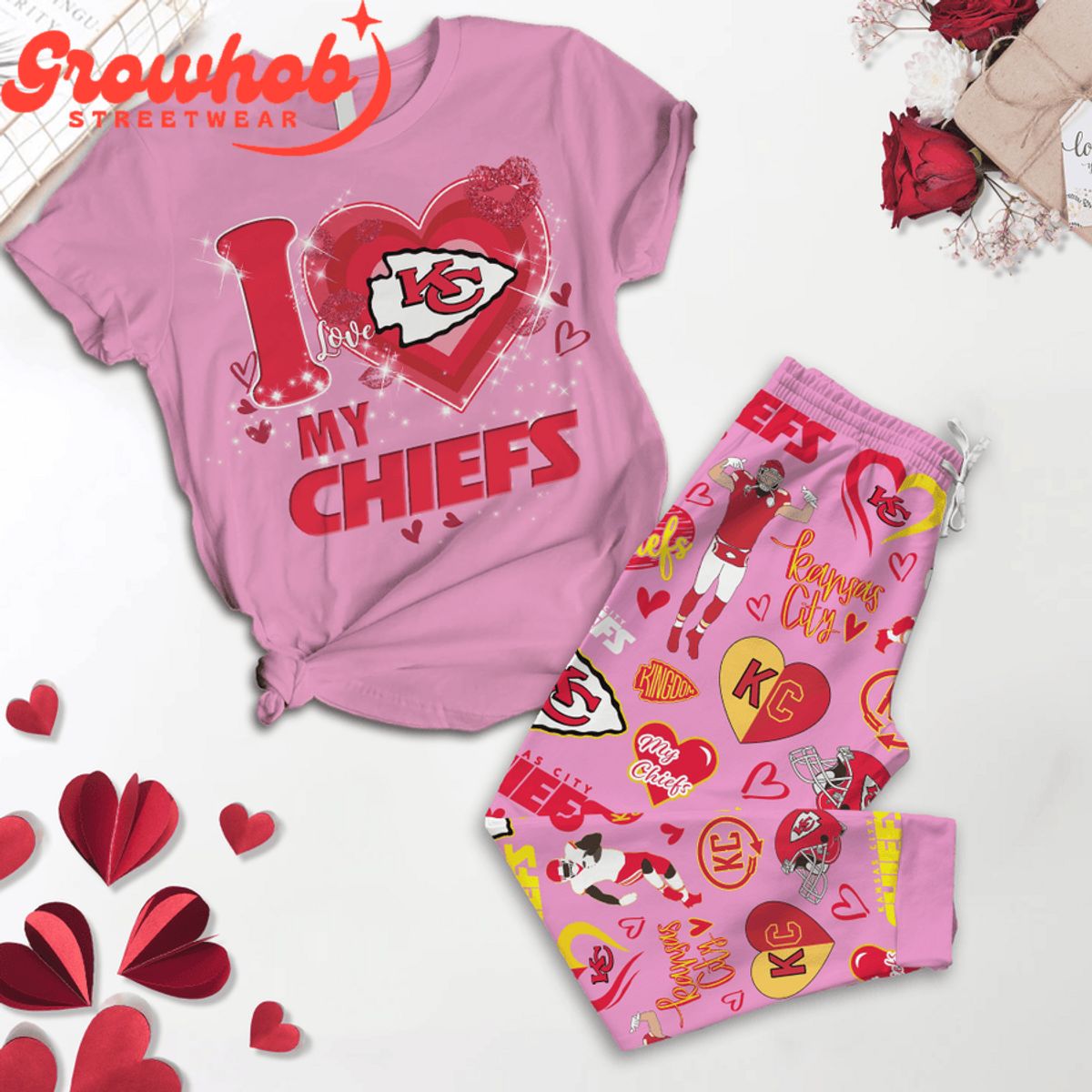 Kansas City Chiefs I Love Valentine Pink Fleece Pajamas Set