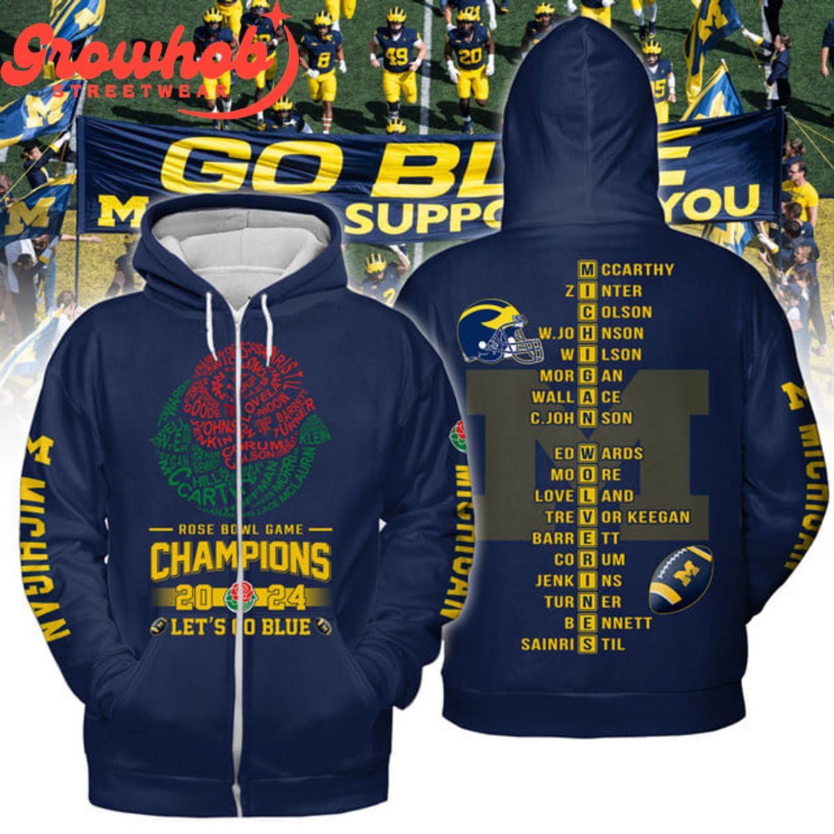 Michigan Wolverines 2024 Rose Bowl Champions Navy Hoodie Shirts