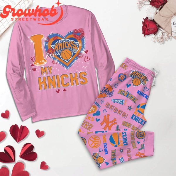 New York Knicks I Love Valentine Pink Fleece Pajamas Set Long Sleeve