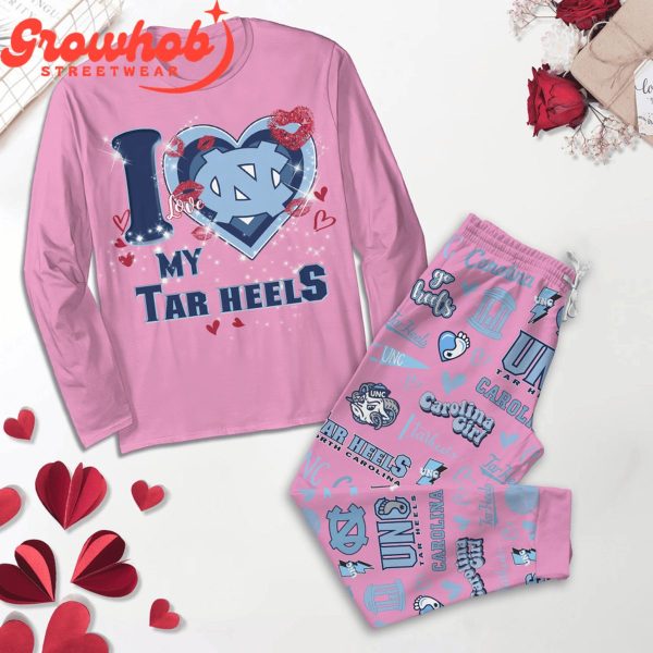 North Carolina Tar Heels I Love Valentine Pink Fleece Pajamas Set Long Sleeve