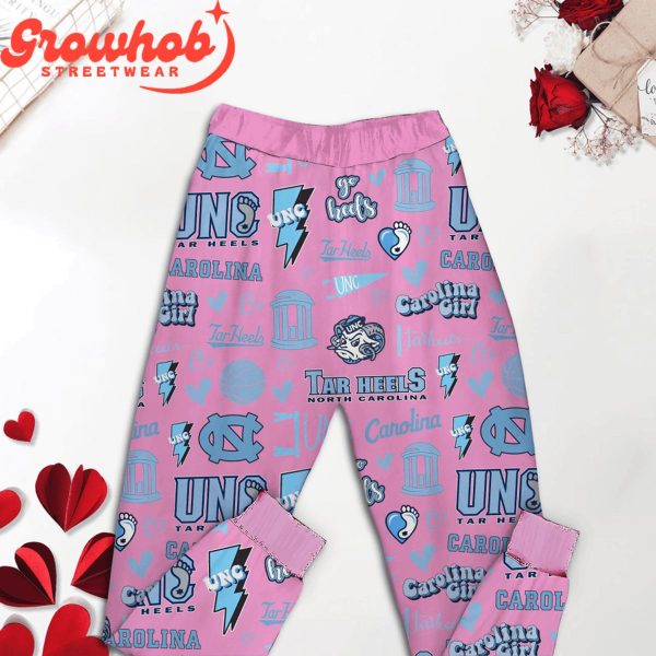 North Carolina Tar Heels I Love Valentine Pink Fleece Pajamas Set Long Sleeve