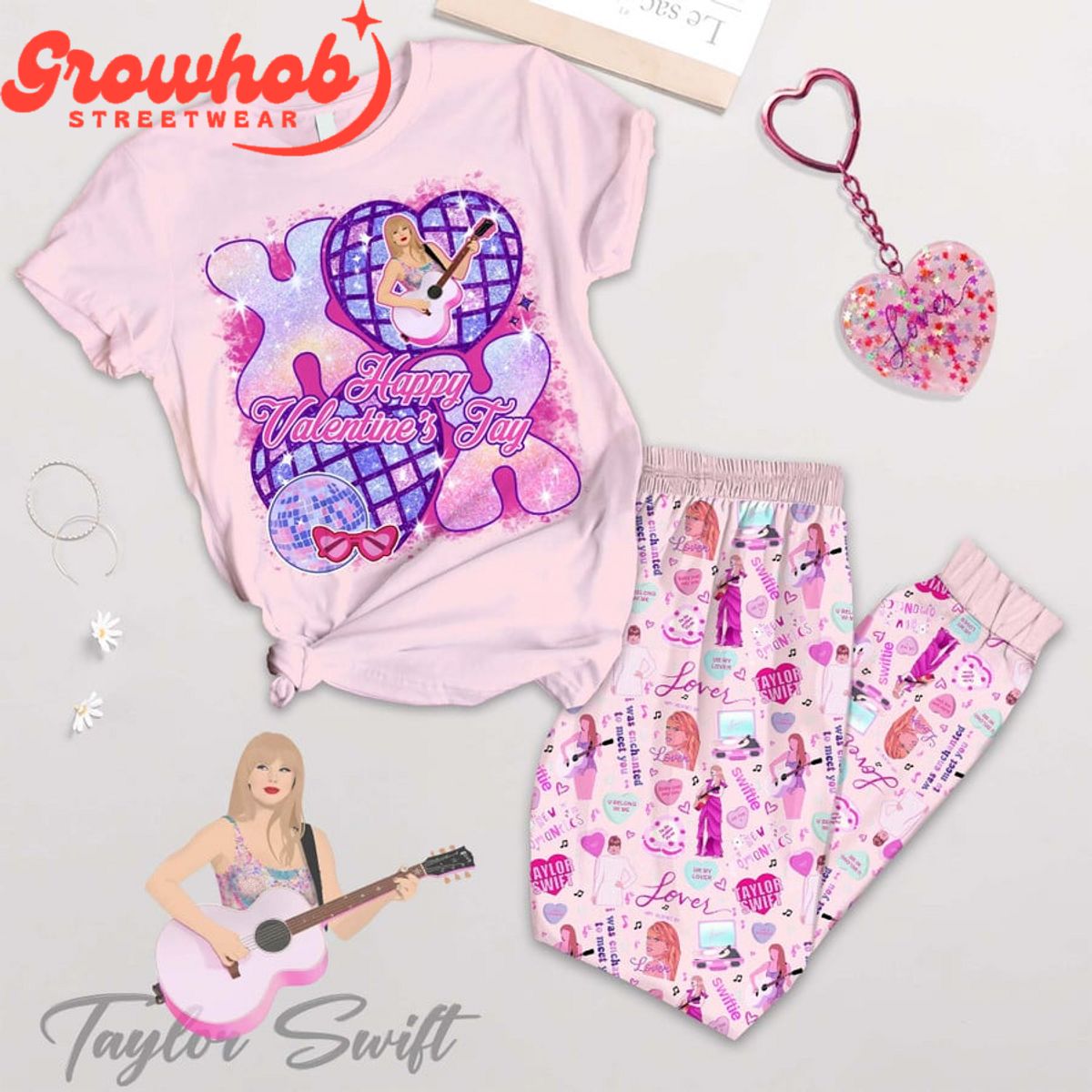 Taylor Swift XOXO Valentine Pink Fleece Pajamas Set