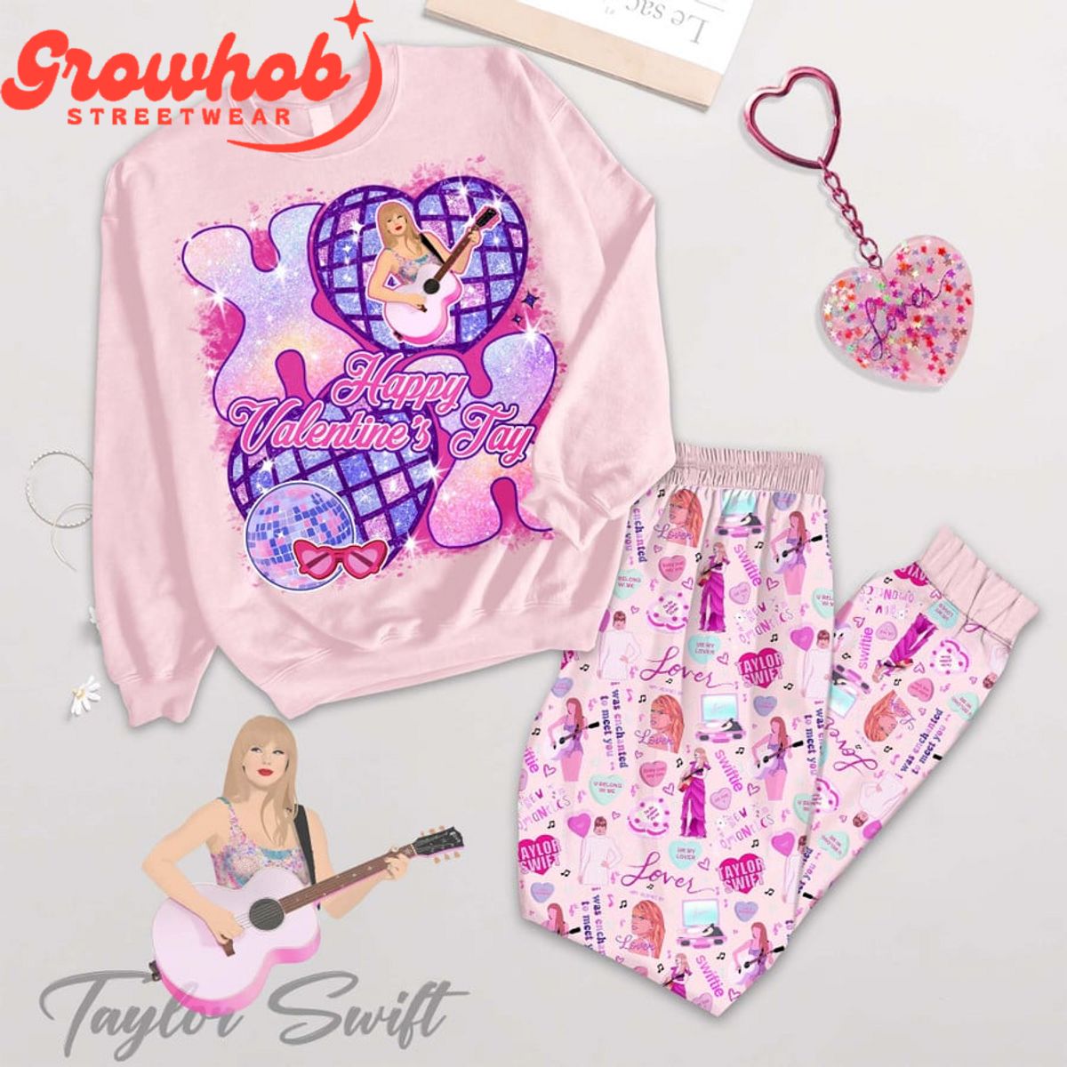 Taylor Swift XOXO Valentine Pink Fleece Pajamas Set Long Sleeve