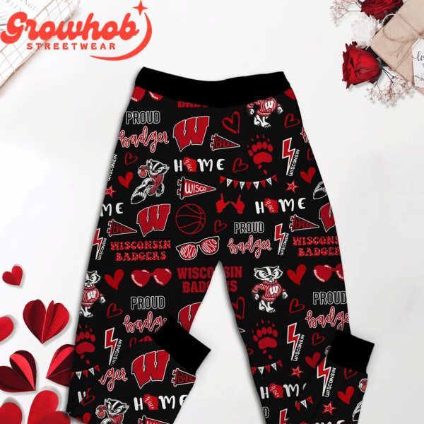 Wisconsin Badgers I Love Valentine Black Fleece Pajamas Set Long Sleeve