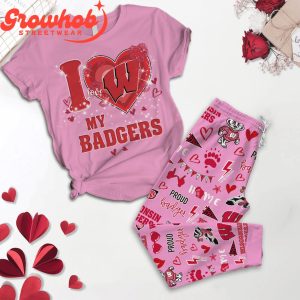 Wisconsin Badgers I Love Valentine Pink Fleece Pajamas Set
