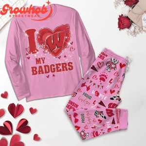 Wisconsin Badgers I Love Valentine Pink Fleece Pajamas Set Long Sleeve