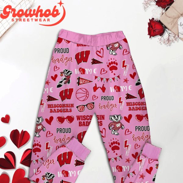 Wisconsin Badgers I Love Valentine Pink Fleece Pajamas Set Long Sleeve