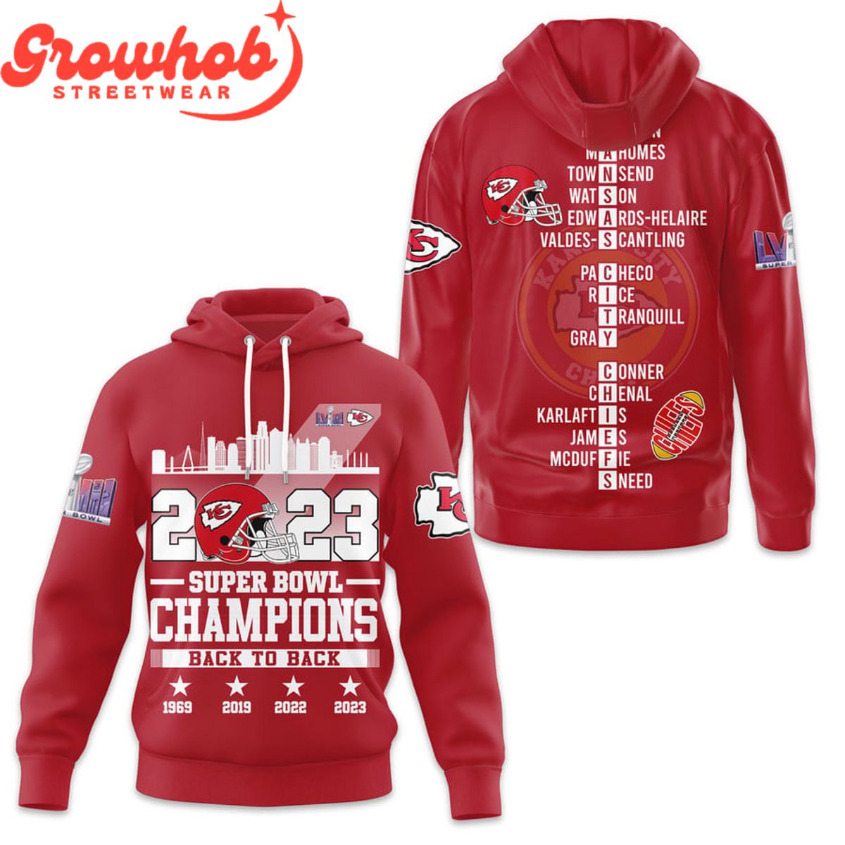 2023 Kansas City Chiefs Super Bowl Champions 4X Red Hoodie Shirts