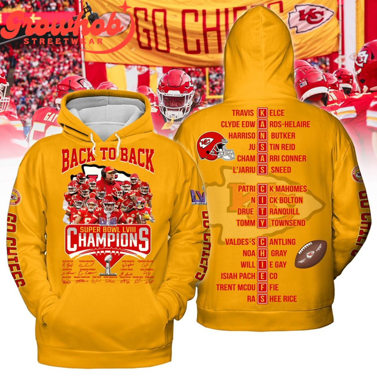 2023 Kansas City Chiefs Super Bowl Champions LVIII Signature Yellow Design Hoodie Shirts