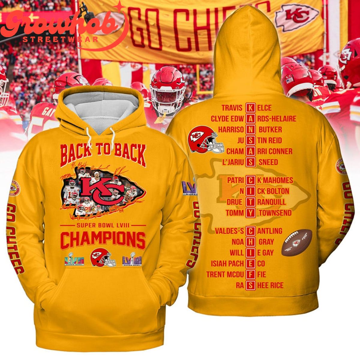 2023 Kansas City Chiefs Super Bowl Champions LVIII Yellow Design Hoodie Shirts