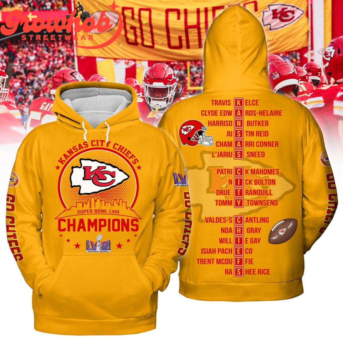 2023 Kansas City Chiefs Super Bowl Champs LVIII Yellow Design Hoodie Shirts