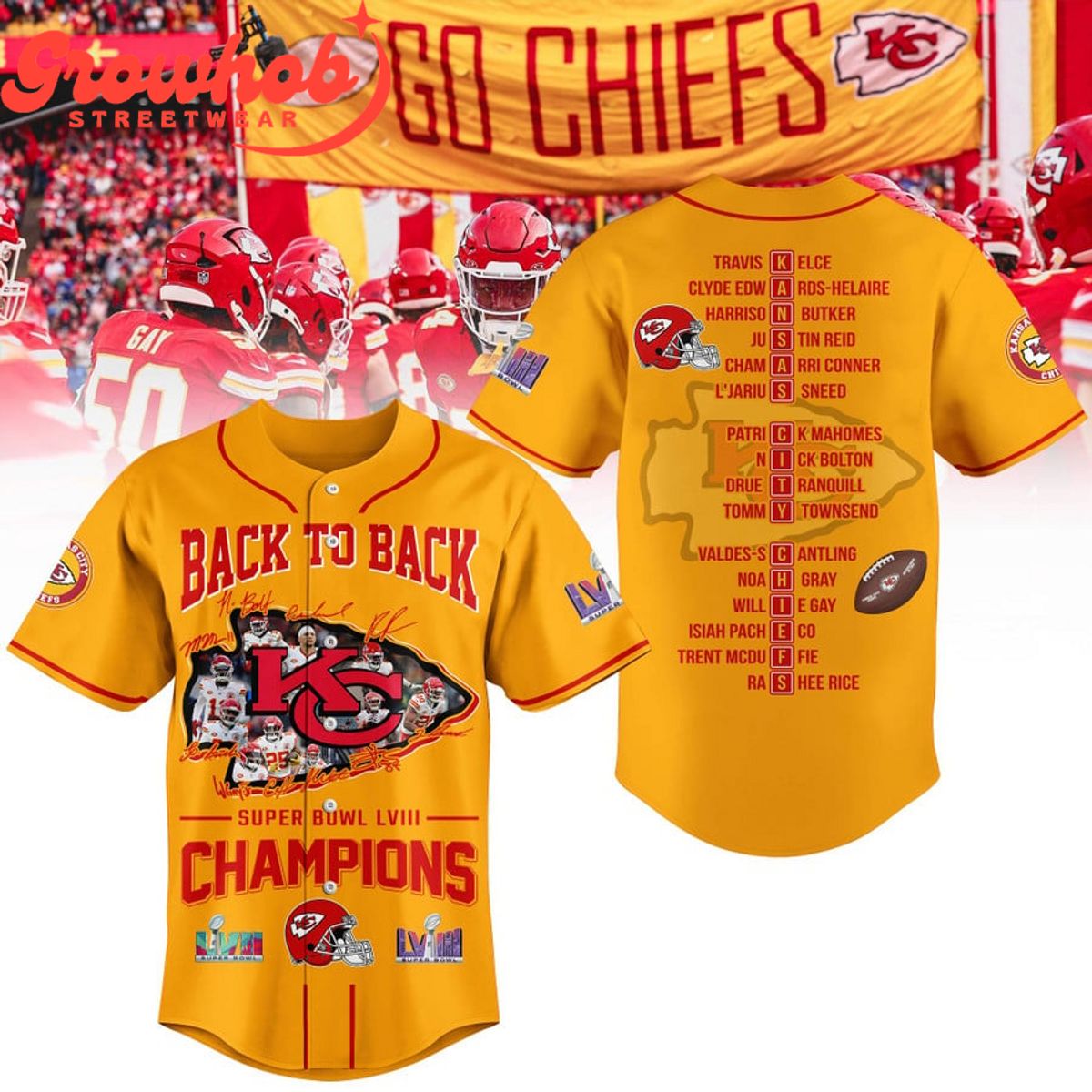 Kansas City Chiefs Back2Back Super Bowl Champions 2024 Baseball Jersey Yellow