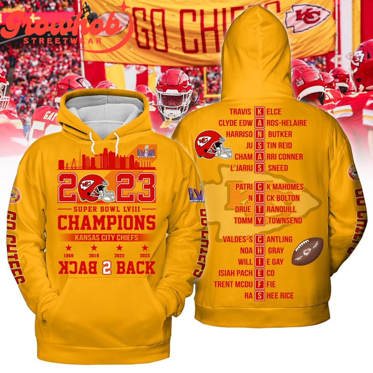 Kansas City Chiefs Super Bowl 2023 Back2back Champs LVIII Yellow Design Hoodie Shirts