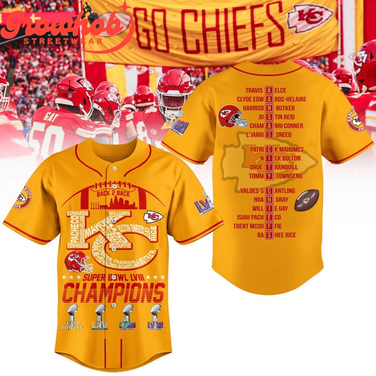 Kansas City Chiefs Super Bowl Champions 2024 Baseball Jersey Yellow