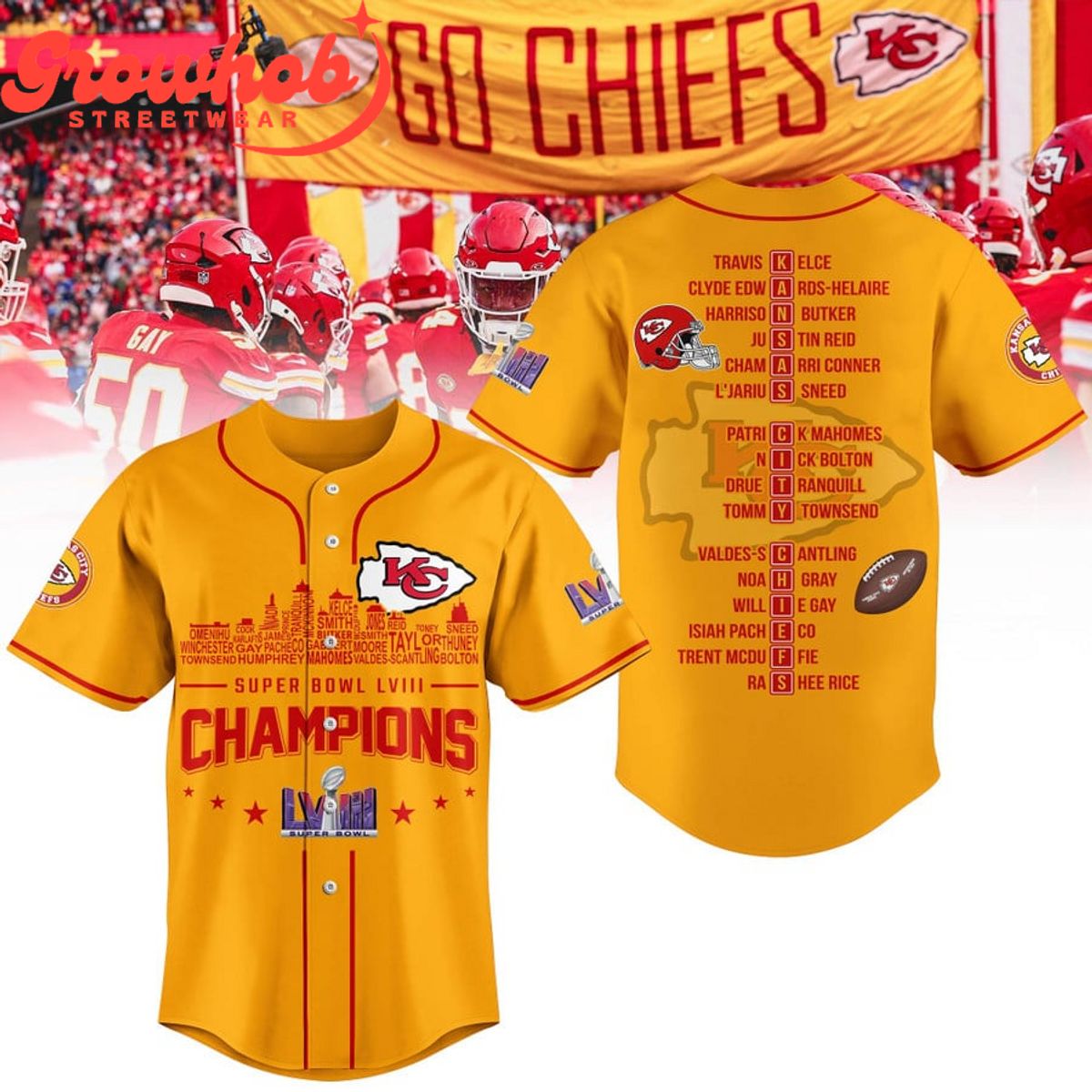 Super Bowl Kansas City Chiefs Champions 2024 Skyline Baseball Jersey Yellow